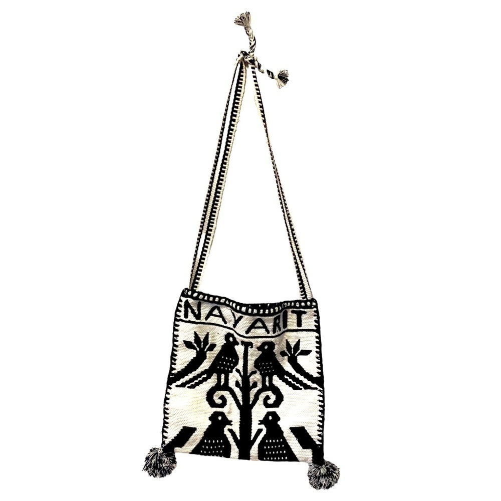 Mexican Folk Art Woven Bag Bird Black & White‎ Hand Made Purse Vintage Style